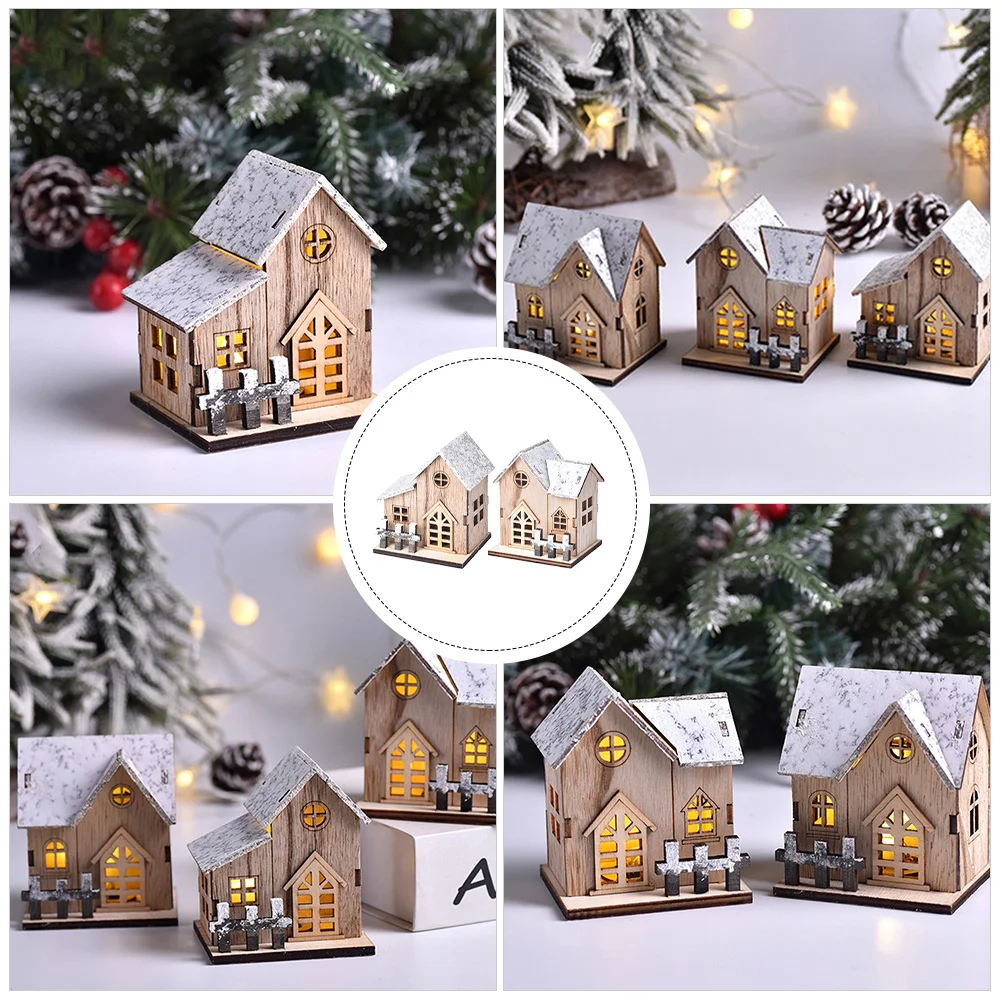 

2Pcs Xmas Luminous Small Wooden House Ornaments Christmas Mini Home Decor Festival Tabletop Gifts Small House Decorations