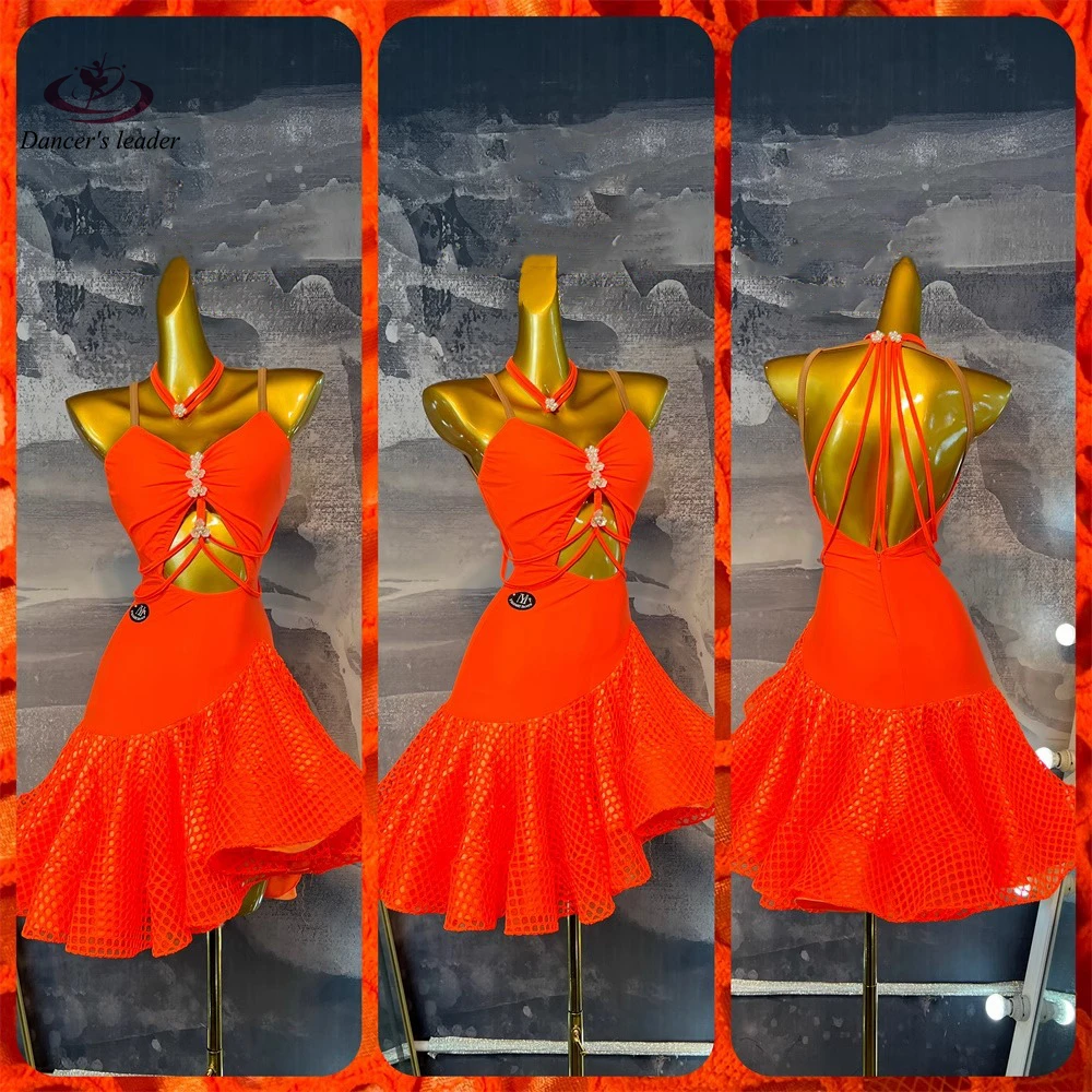 

Latin Dance Costume, Rhinestone Women's Clothing, High-end Customized Hollow Suspender, Mesh Skirt, Samba Performance Dress