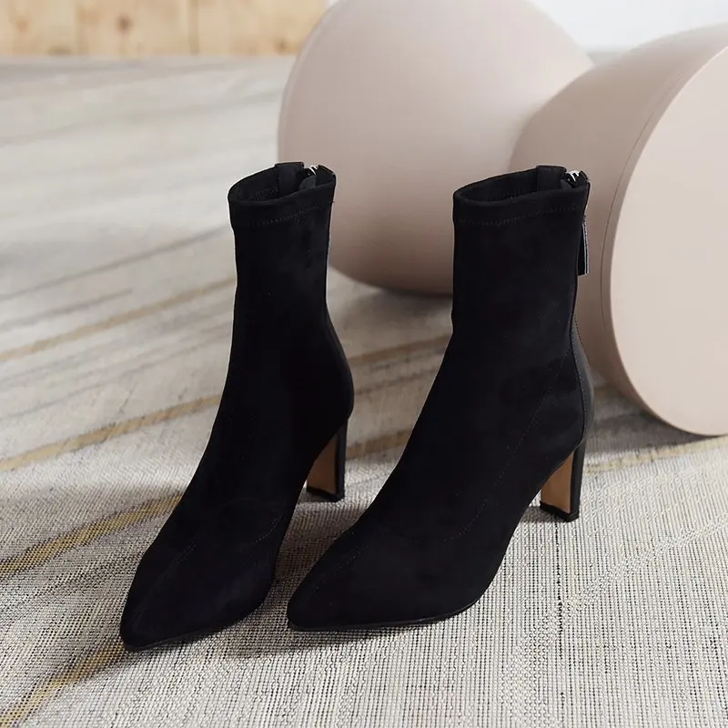 High Heel Boots Women\'s 2024 New Korean Style Autumn and Winter Mid Heel Stretch Thin Boots Pointed Toe Sock Boots Women