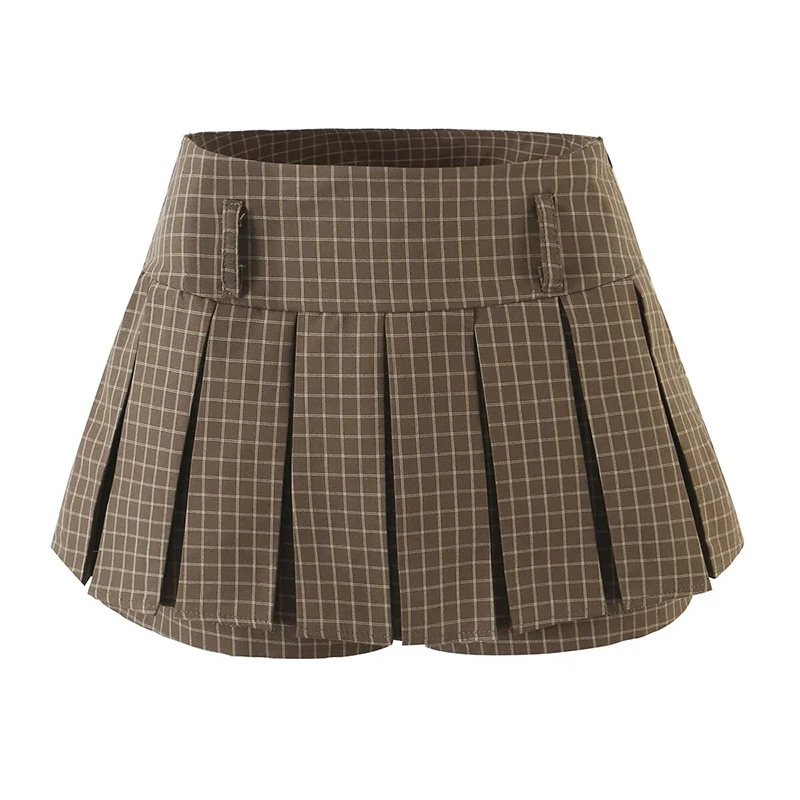 Women Plaid Pleated Mini Skirt High Waist With Built‑in Shorts Y2K Preppy A‑Line Short Skirts