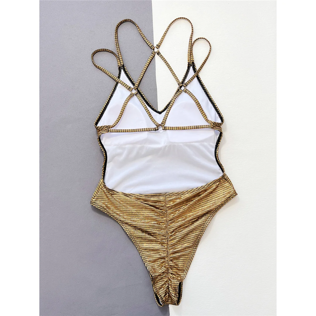 Sexy Badeanzug mit goldenen Pailletten, überkreuztem Rücken, einteilig, Damen-Bademode, Scrunch-Butt-Effekt, hoher Beinausschnitt, Badeanzug, Schwimmanzug V4967 – Detail 9