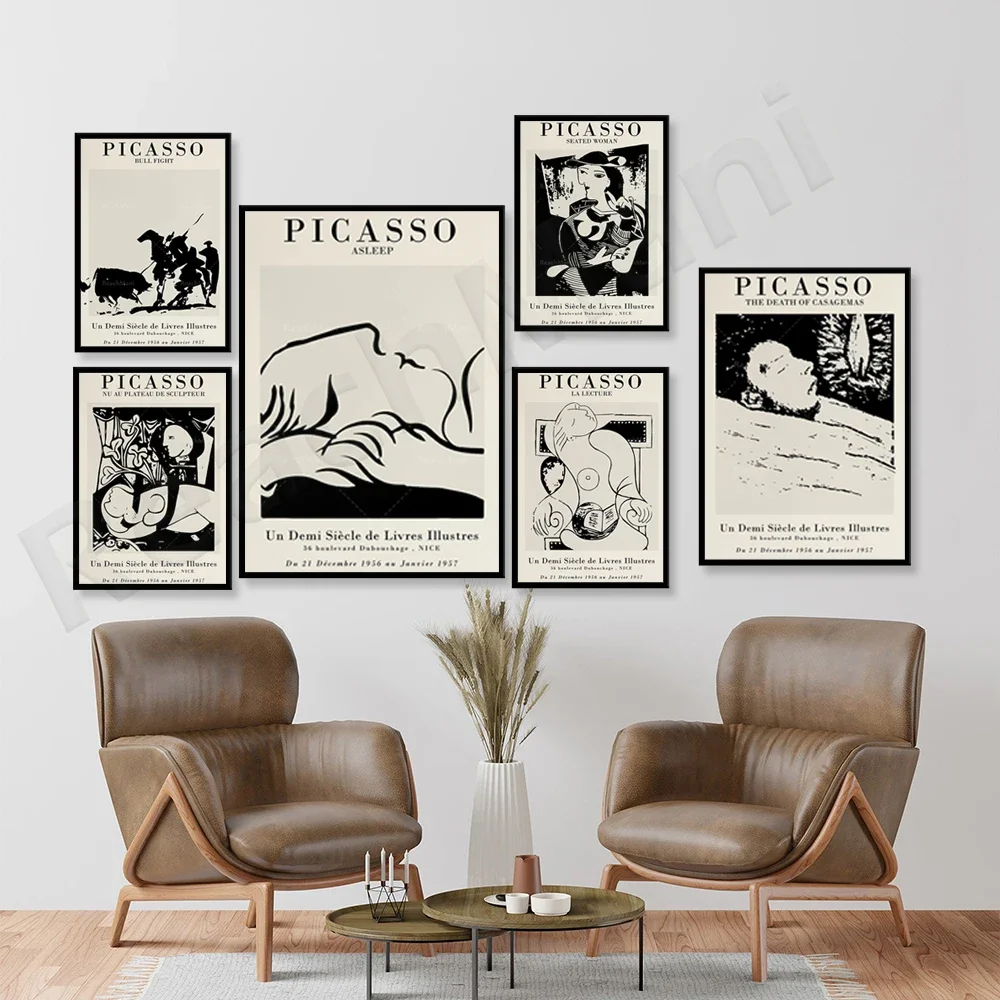 Nero bianco Vintage Picasso arte astratta arte murale pittura su tela poster e stampe nordici immagini murali per soggiorno Deco