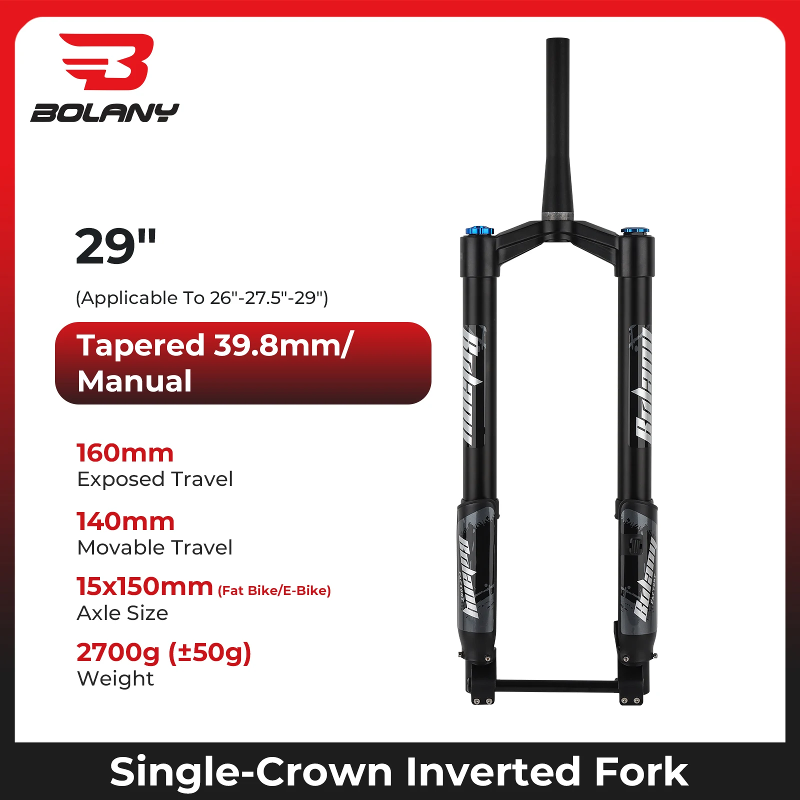 BOLANY Dubbele Schouder Omgekeerde Fiets Vork MTB Vork voor Downhill 29 inch Boost Vork Steekas Reizen 140mm Verstelbare demping