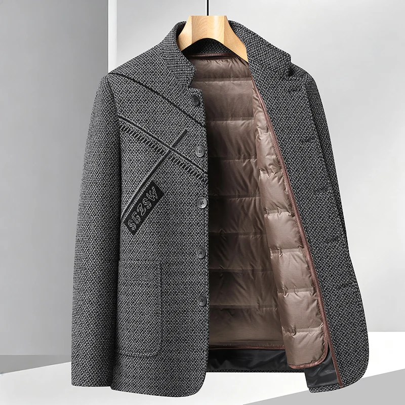 Men's Chenille Coat Detachable Duck Down Liner Stand Collar Embroidered Winter Warm Jacket Business Casual Plus Size Outerwear