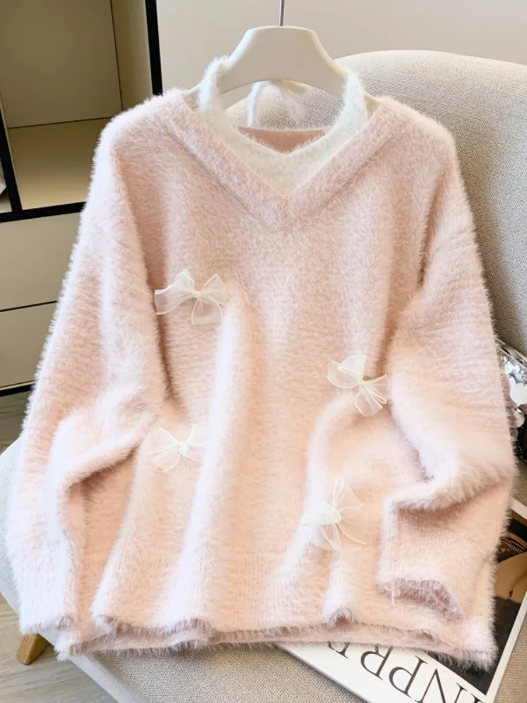 

Soft Velvet Knot V-Ne Long Sve Sweater Women's Autumn Winter Middle Length Knitted Top Sweet Sle Loose Fit