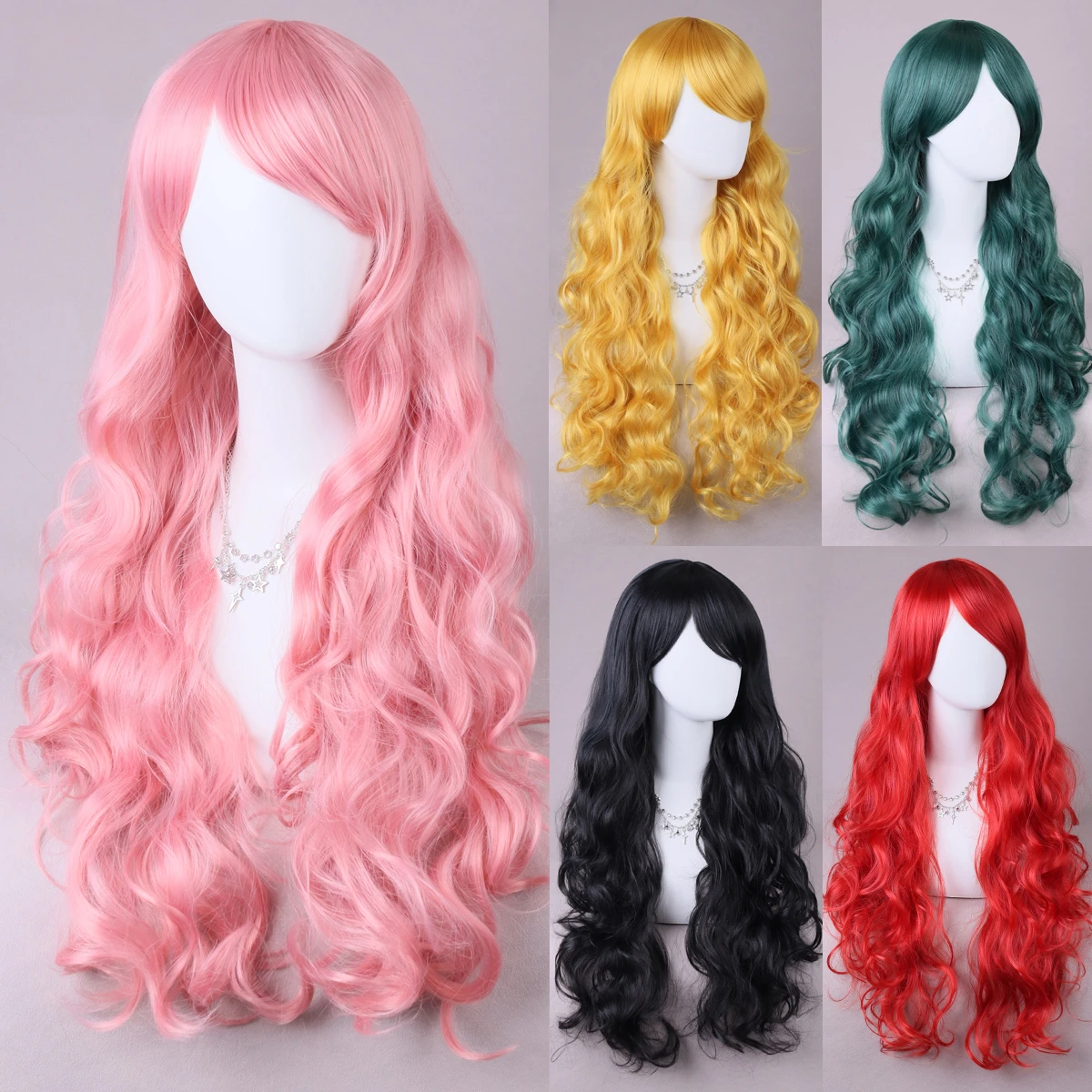 

Curly long wave red diagonal bangs for women heat resistant fiber synthetic wig for six colors everyday Cosplay