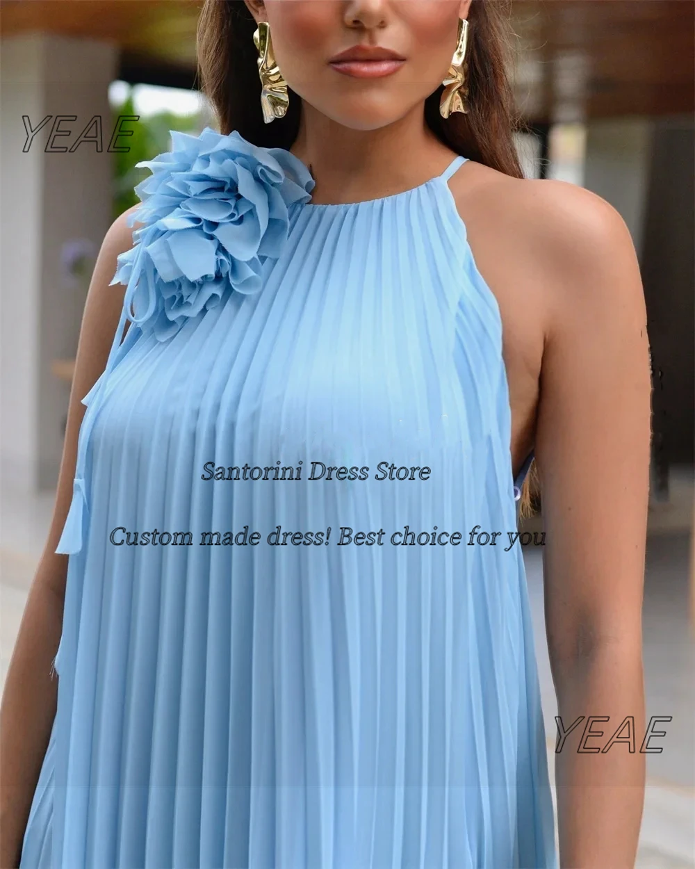 Santorini céu azul vestidos de baile com flor o-pescoço sem mangas vestidos de noite longos pregas vestido de festa de férias personalizado