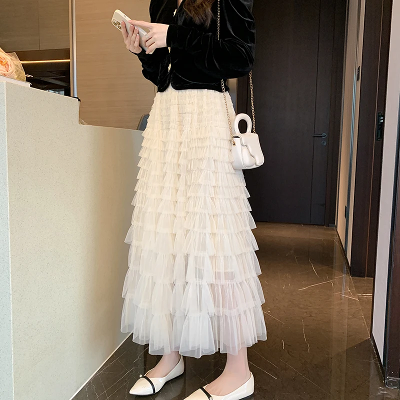 Fashion Elegant Suit Female Fall Chic Single-Breasted V Neck Velvet Top+High-Waist A Line Mesh Cake Skirt Two Piece Set Women