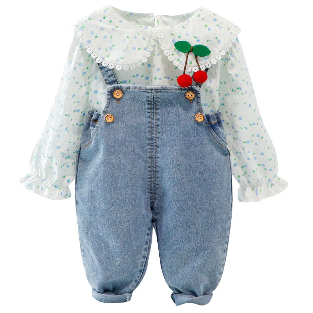 0-4 Years Baby Girls Clothes Sets Spring Autumn Baby Girl Cotton Long Sleeved Shirt Quality Denim Pants 2Piece Set Children Suit