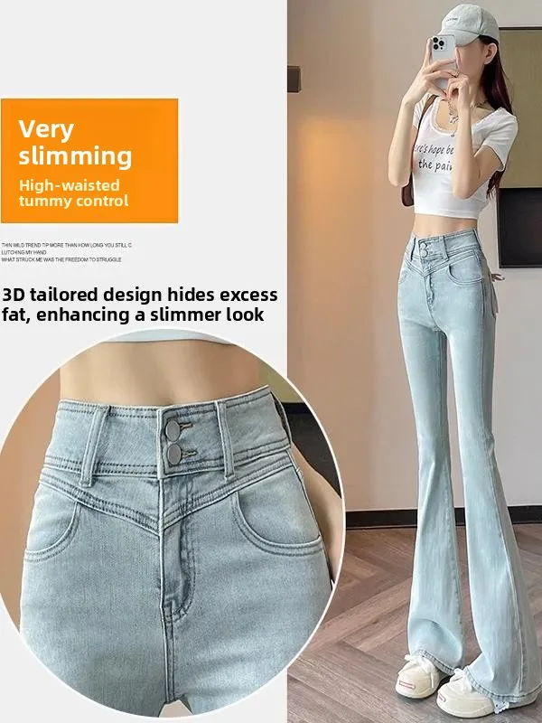 

American Sle plus Size Women's High Waist Bell Bot Jeans Knot Ruffle Hem Tummy Control Slimming Denim Pants