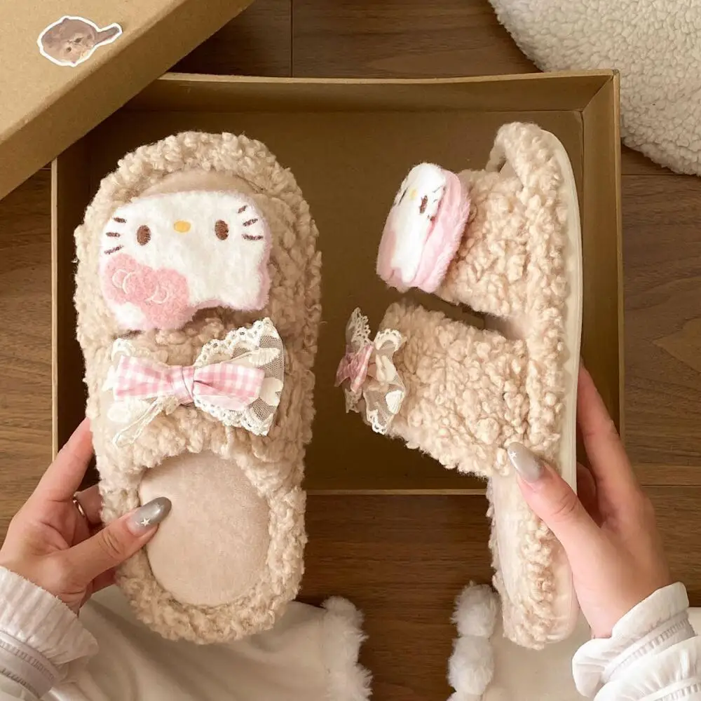 Kawaii женская обувь с героями мультфильмов, бархатные теплые удобные тапочки с милым бантом в стиле аниме, зимние пушистые тапочки, домашние тапочки
