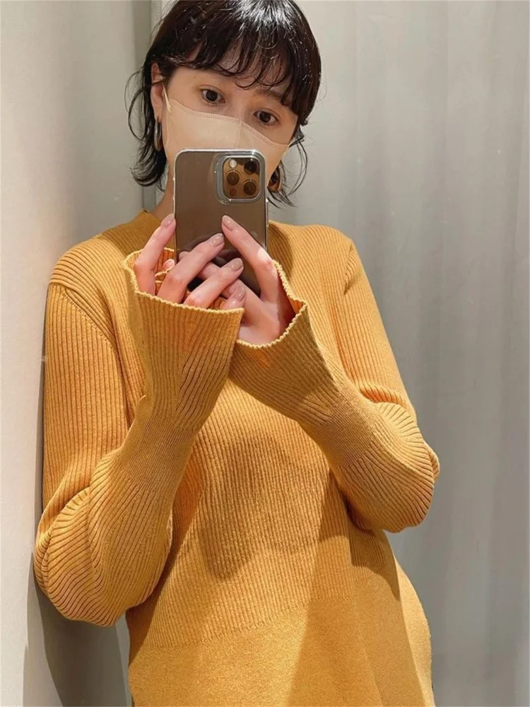 

Retro round Ne Slim Fit Woolen Knitted Sweater with Flared Sves Base Layer Clothing Soft Comfortable Long Sve Top