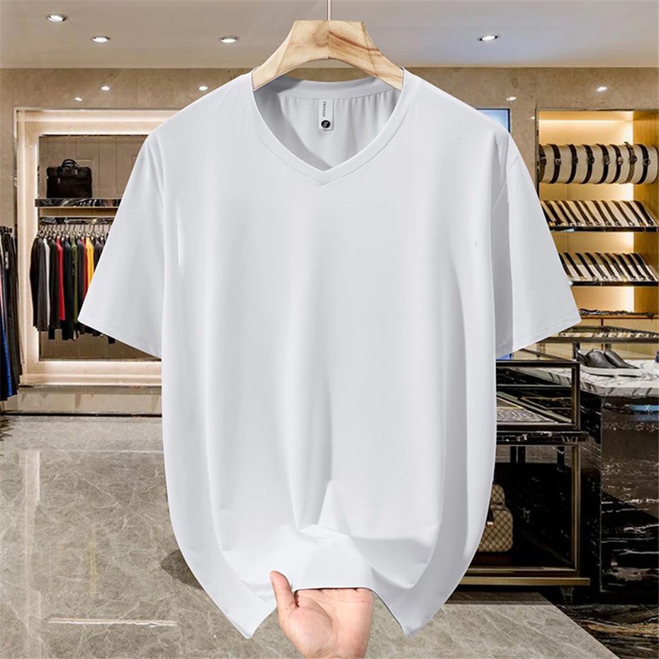 13XL 12XL T-shirt Men Summer V-neck Tshirts Fashion Casual Solid Color Short Sleeve Tops Tees Male