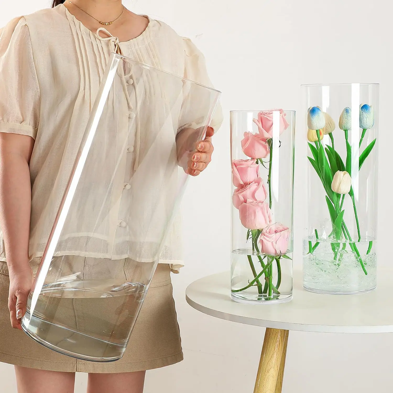 

Large Clear Acrylic Cylinder Vase Set, Unbreakable Floor Decor with 3 Sizes and Holders