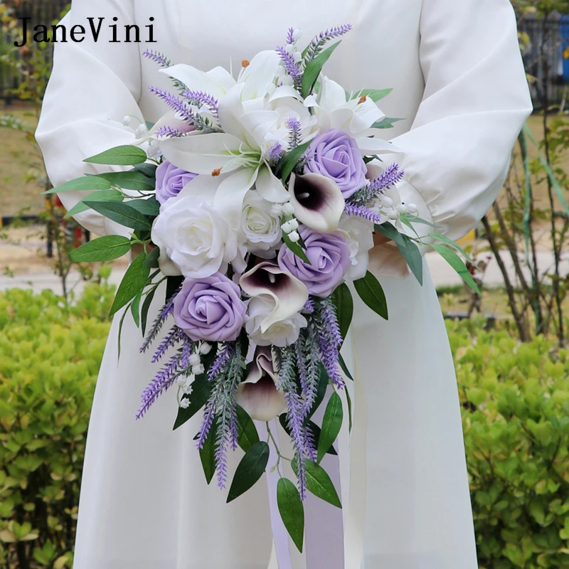 

JaneVini Elegant Light Purple Cascading Bridal Bouquet Pour Mariage 2023 Waterfall Wedding Bouquets Artificial Bride Flowers