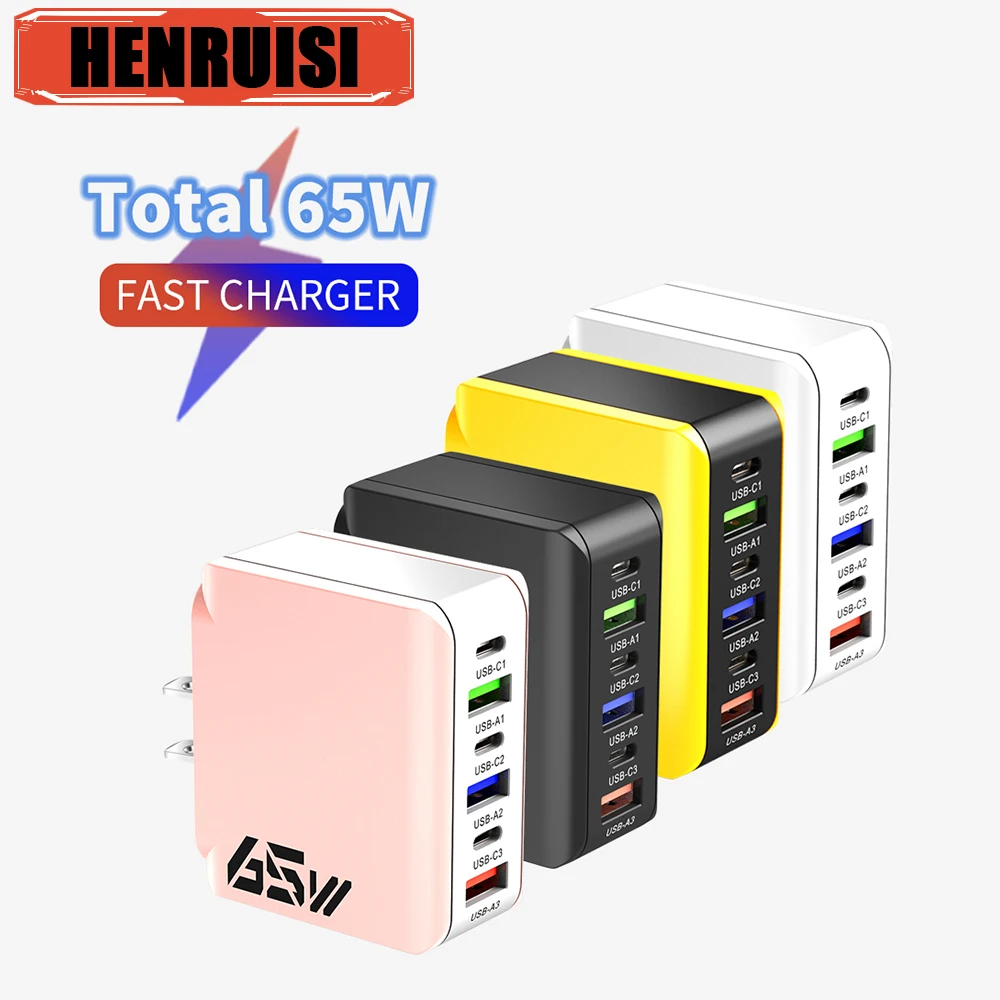 Total PD 65W 6 in 1 Quick Charge 3.0 Wall Charger Phone For iPhone Samsung Xiaomi Huawei Oppo Mobile Phone Adapter EU/US/UK Plug