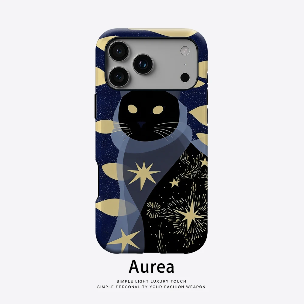 Aurea Case Matte Bumper für MagSafe Hülle für iPhone 17 16 15 14 Plus 13 Pro Max Stoßfeste Harte PC Hülle Sternennacht Schwarze Katze Cover