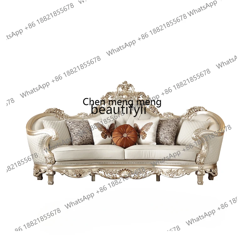 French Style Light Luxury Solid-Wood Leather Sofa European Style Court Vintage Villa Large Flat Living Room Sofa