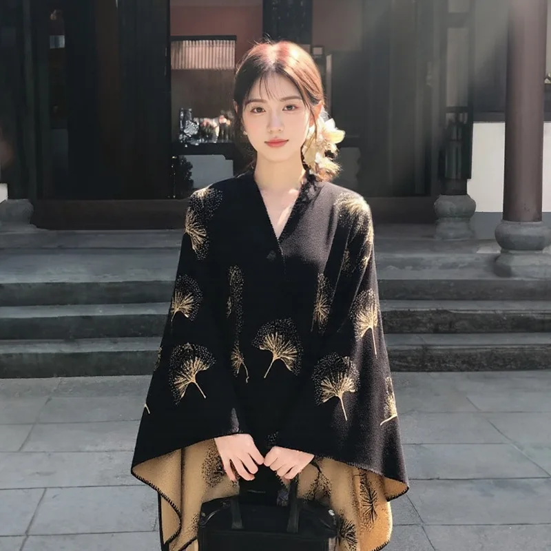 

Womens New Vintage Ginkgo Leaf Cloak Cape Shawl Autumn Travel Outerwear Versatile New Arrival