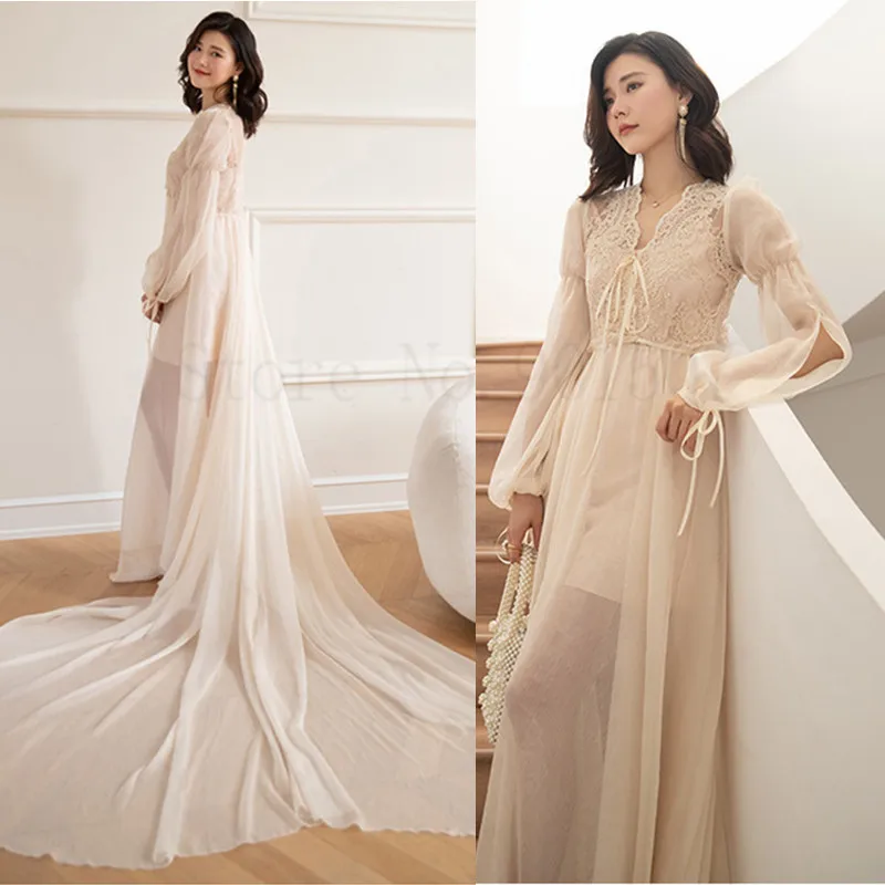 Trailing Wedding Gown PERSPECTIVE Bride Bridesmaid Kimono Robe Dress Sexy Hollow Out Nightwear Bathrobe Lace Sleepwear