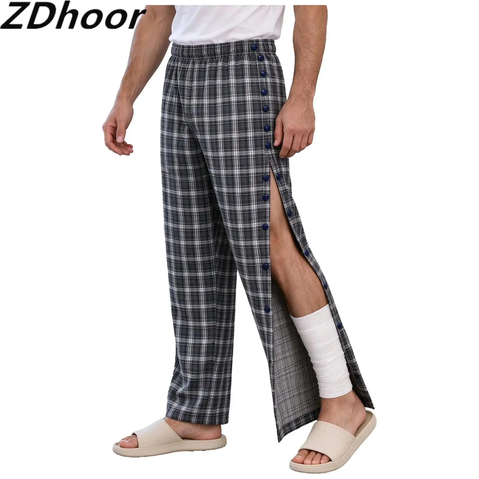 Men Adaptive Plaid Pants Elastic Waistband Tear Away Side Press Buttons Trousers with Pockets for Surgery Recovery Special Needs