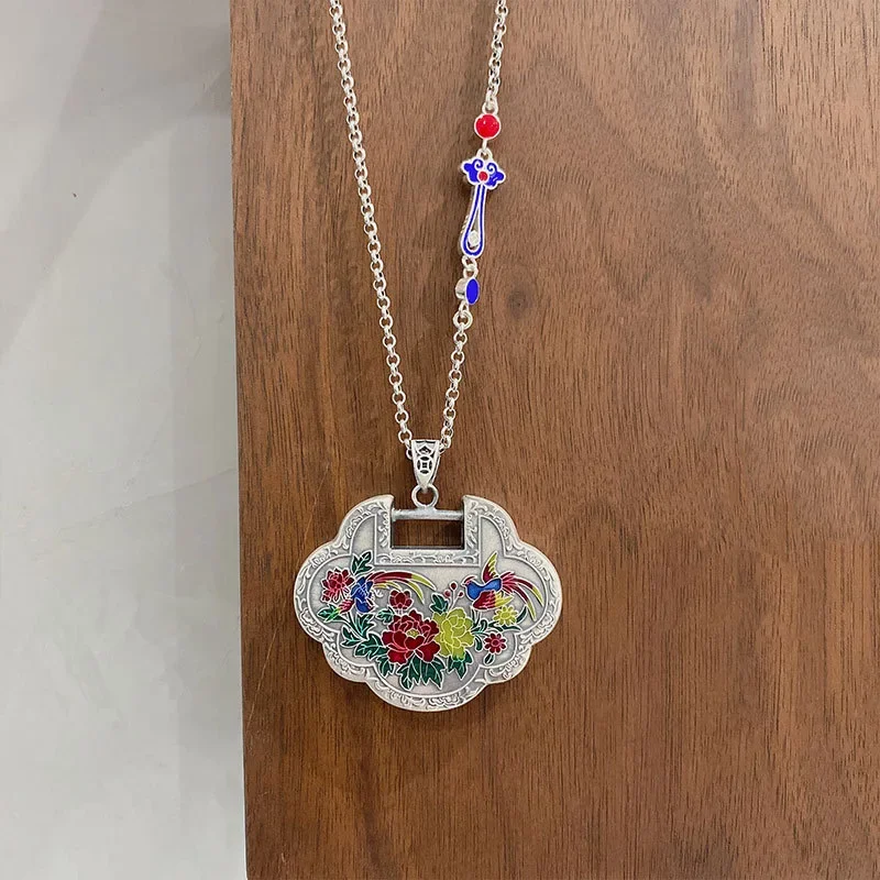 Classic National Style Enamel Colored Pastoral Style Flower and Phoenix Ruyi Lock Pendant 925 Silver Necklace for Women Jewelry