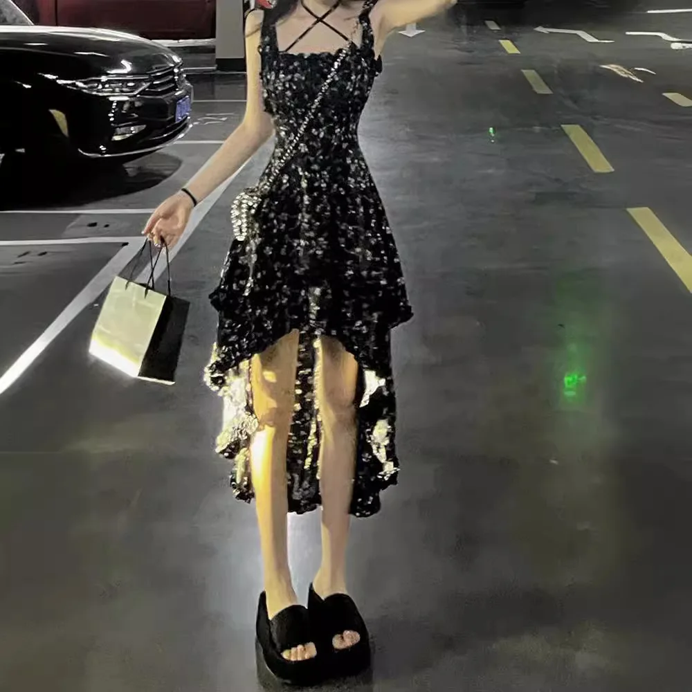 

Elegant High Waist Floral Print off Shoulder Midi Dress Slimming Irregular Hemline Design Summer New Arrival Women's Dress