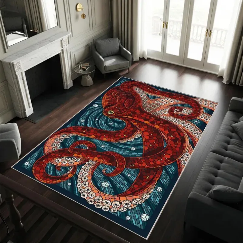 Mythical Red Kraken Rug, Giant Vibrant Octopus with White Suckers on Teal Waves, Striking Ocean Art Floor Mat for Bold Decor