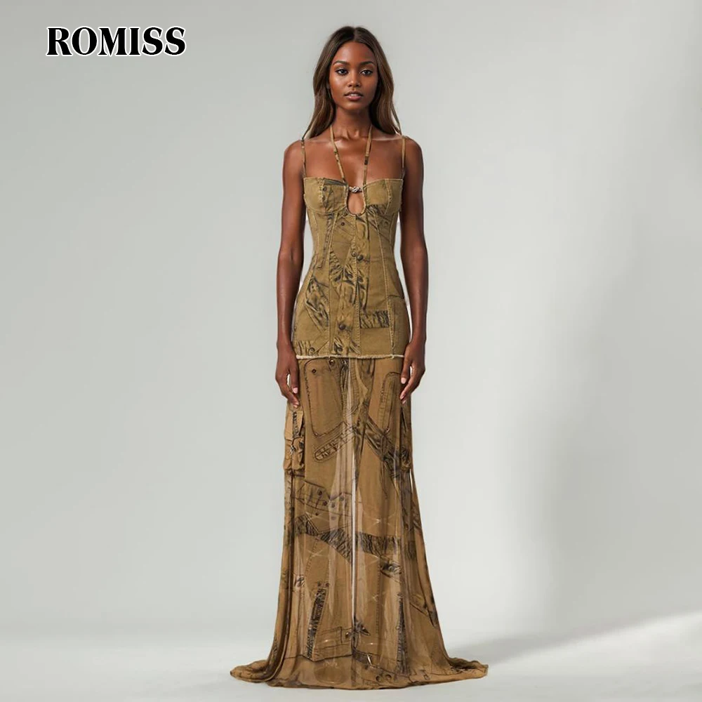 

ROMISS Hit Colour Camisole Dresses For Women Square Collar Sleeveless High Waist Print Patchwork Zipper Dresses Female Style