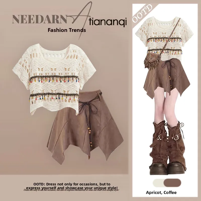 

Large Size Summer Mermaid Two-Piece Set Women's Design Hollow out Top Strap Ethnic Style Retro Skirt Fashion Set