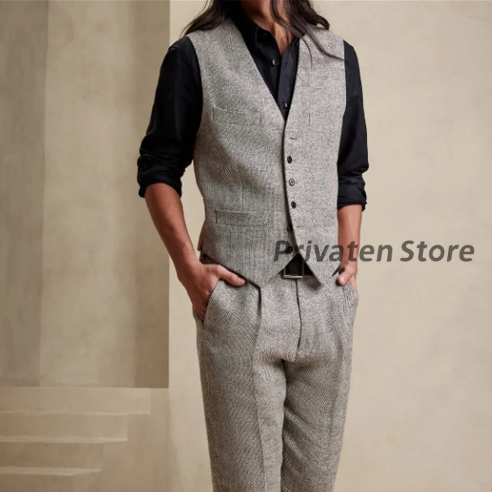 Vests For Men  Herringbone V-neck Grey Single-Breasted  High Quality Plus Size Waistcoat Loose and Comfortable 남성 조끼