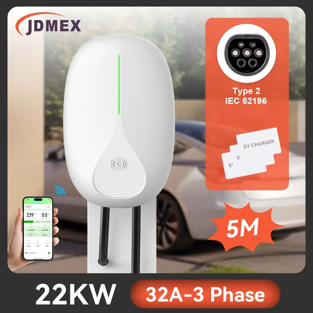 JDMEX Type2 22KW EV Charger Wallbox 32A 3Phase Electric Vehicle Charger Station EVSE Charging With Wireless APP Control 5M Cable