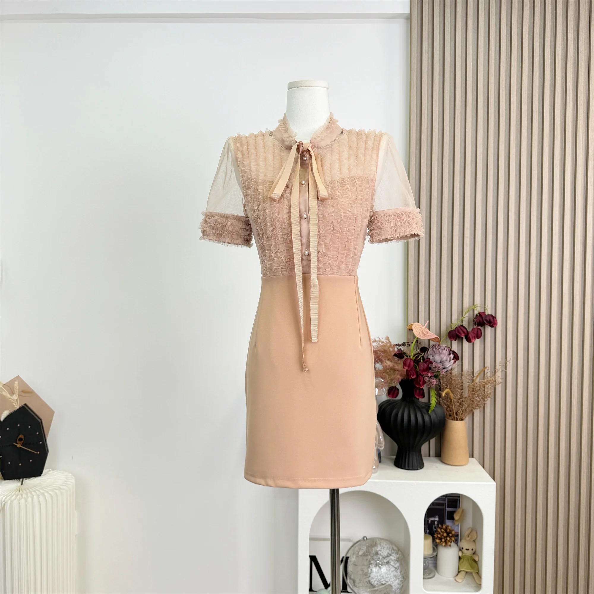 

Jacquard Dress Women Elegant Mesh Patchwork High Waisted Vintage Clothing Turn-down Neck Beading Party Vestido Summer