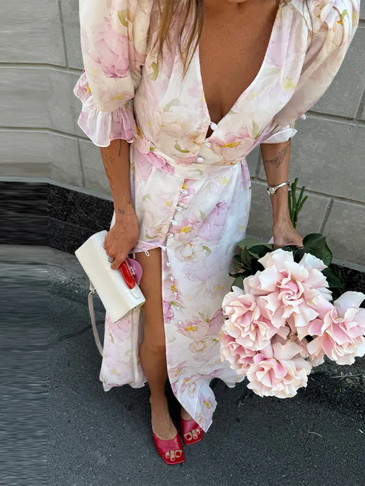 Vestido maxi de organza con estampado floral, escote en V y mangas abullonadas, primavera/verano 2026, romántico para fiesta, elegante para dama 2