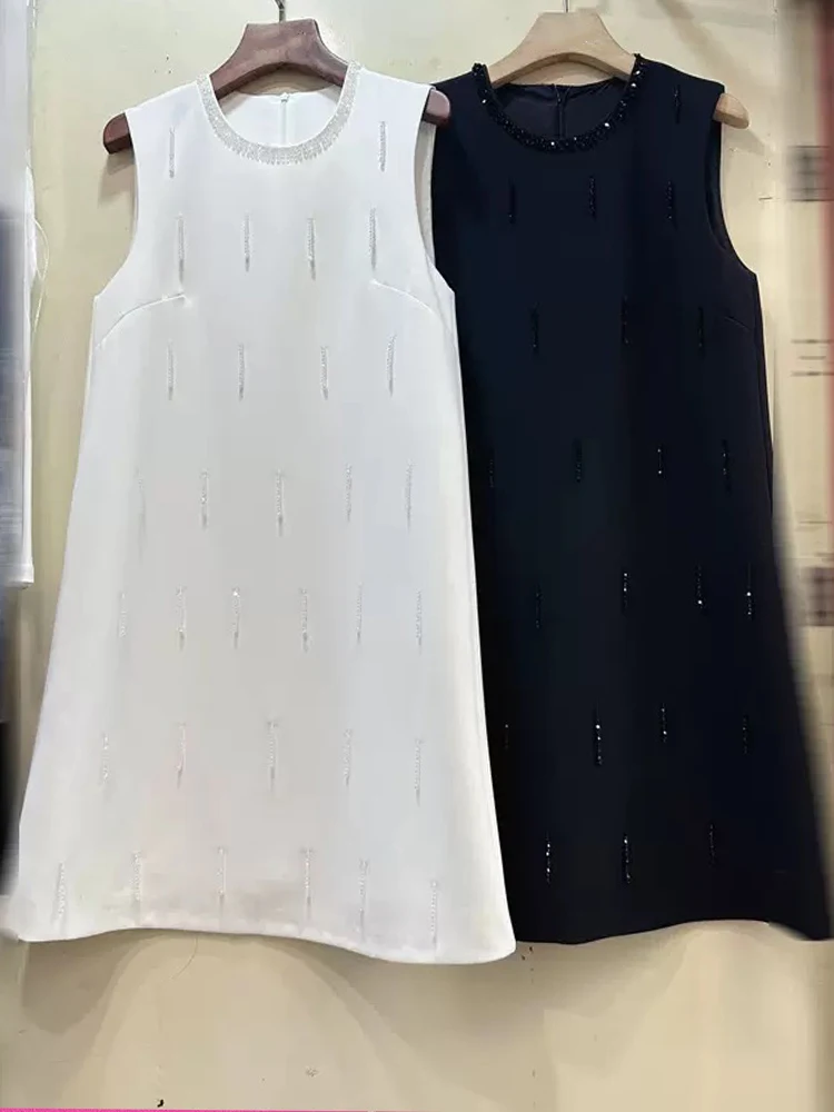 

Spring and summer 2025 women's new fashion vest skirt round neck sleeveless skirt rhinestone beaded tassel ladies A-word dress