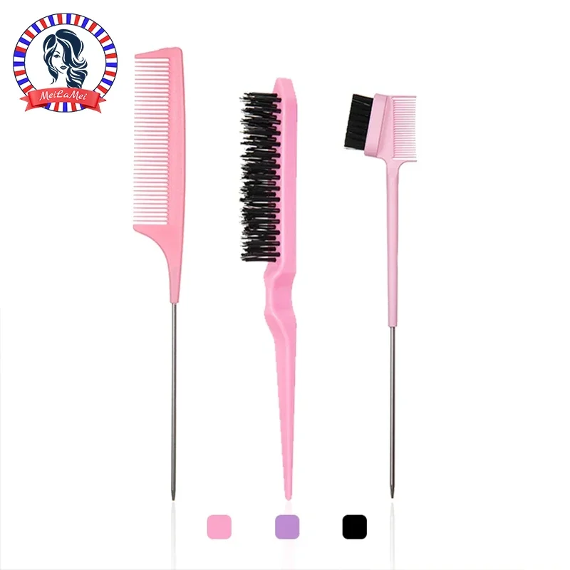 WANMEI 3-piece Hair Brush Set Sharp-tail Comb Three-row Hair Comb Steel Needle Mouse Tail Comb Toothbrush Eyebrow Brush Tool