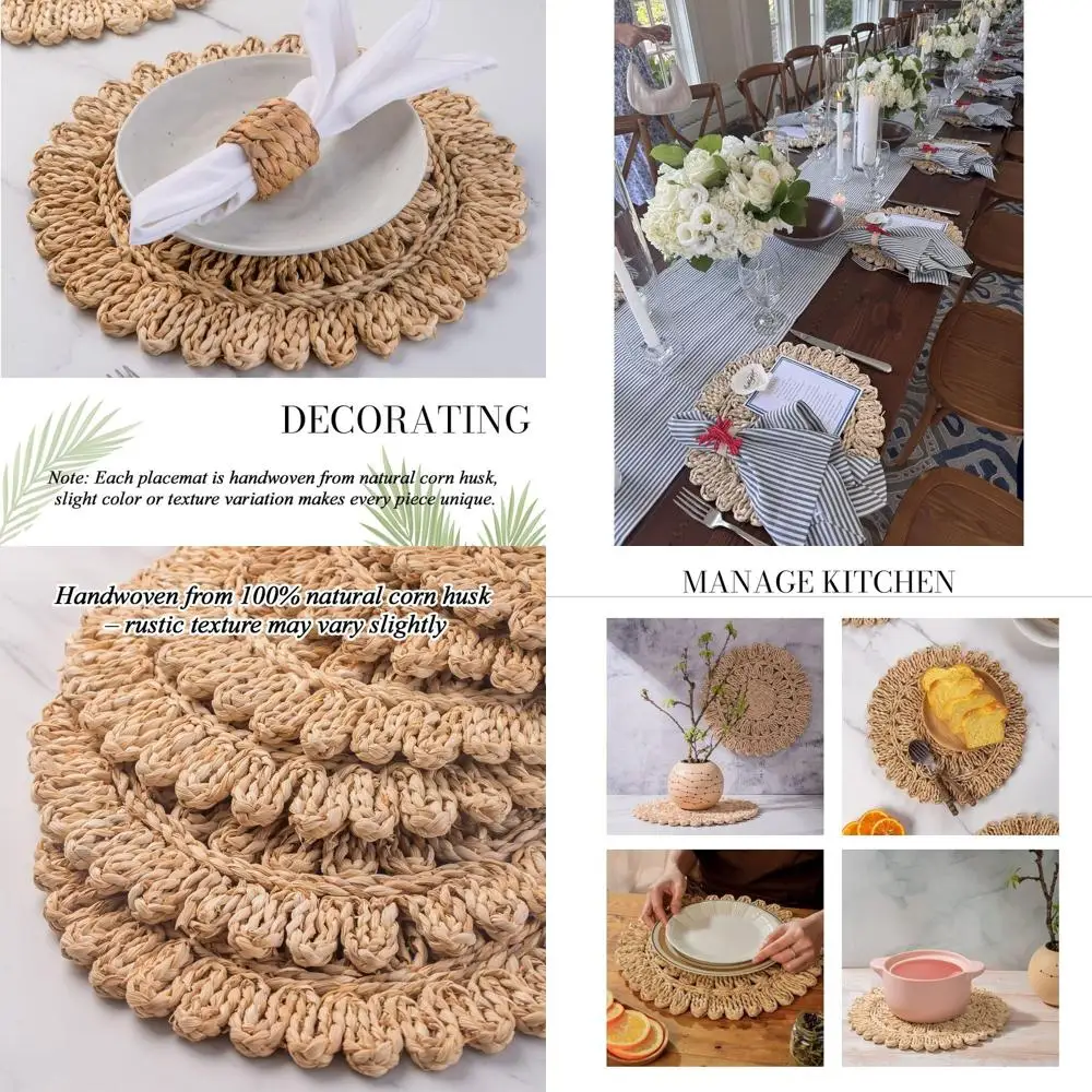 

Set of 6 13.8 Bohemian Rattan Weave Placemats | Natural Farmhouse Style Chargers for Special Occasions