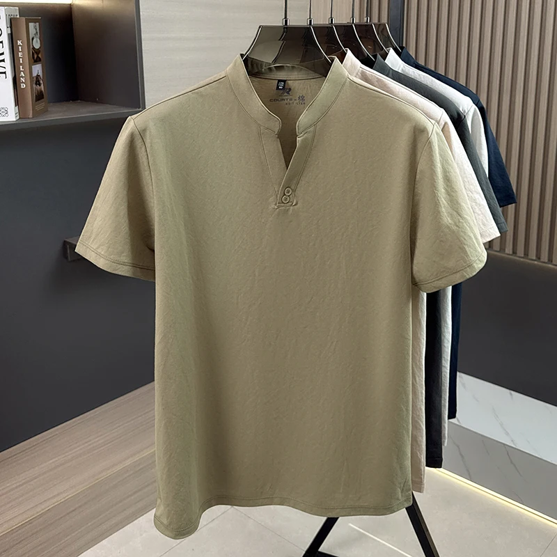 Leichtes, luxuriöses Herren-T-Shirt mit kurzen Ärmeln einfarbig hochwertig neu lässig sommerlich atmungsaktiv modisch einzigartiges Oberteil mit Knopf und V-Ausschnitt