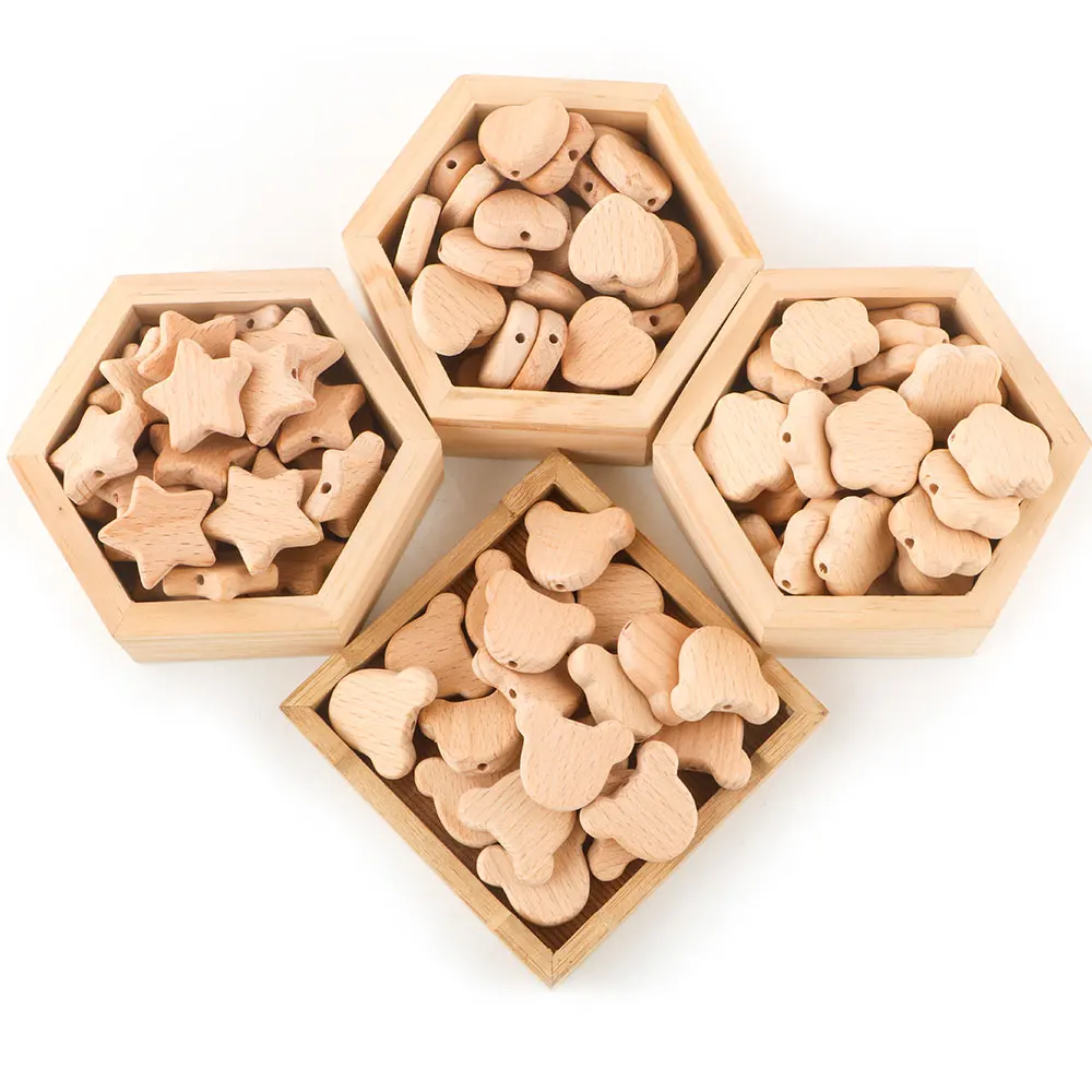 10Pcs Beech Wooden Beads Heart Star Shape Baby Teether Beads for DIY Necklace Pacifier Chain Crafts Jewelry Making Accessories