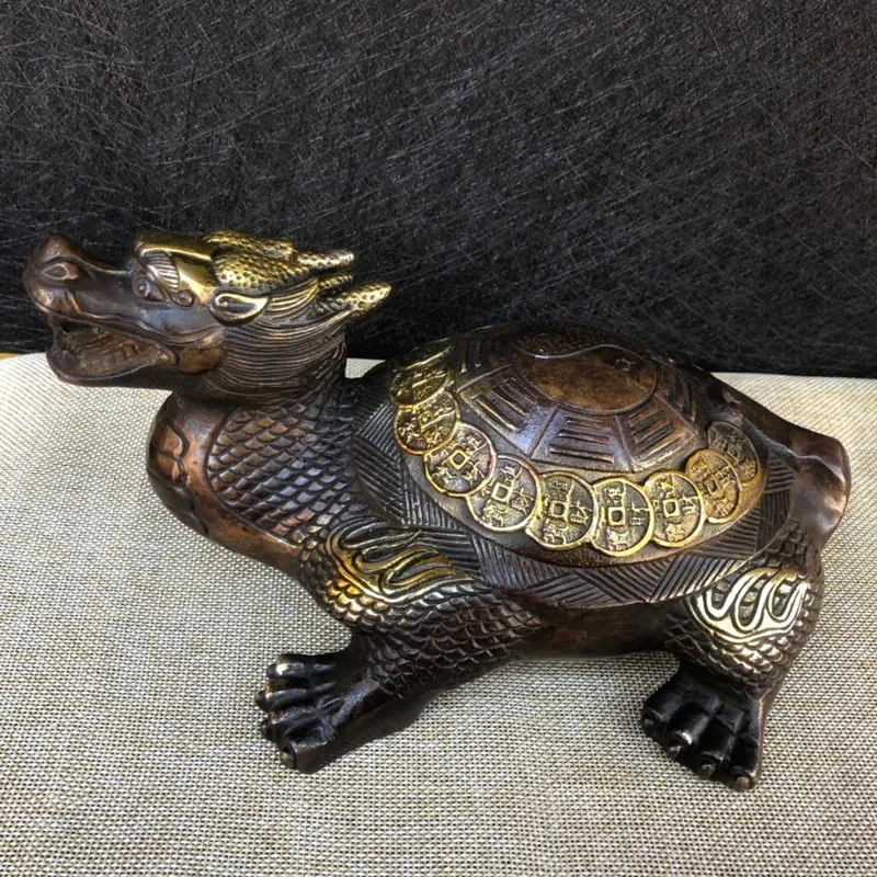 Brass Ornament, Exquisitely Crafted Antique-Style Dragon , Eight-Trigram Longevity Turtle, Gilt Bronze Pair