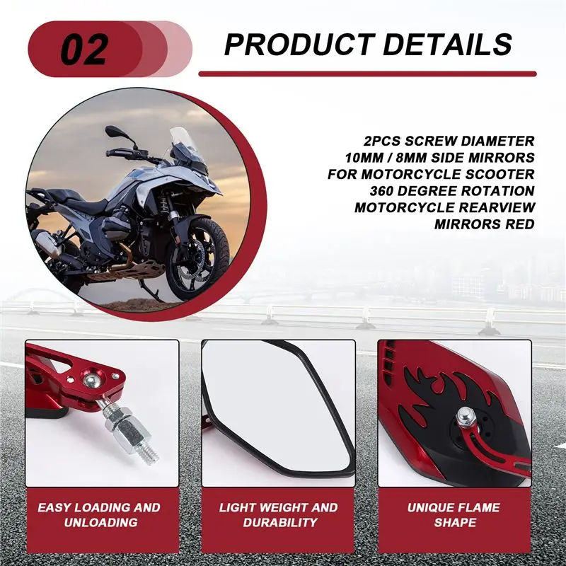 Classic-2PCS Screw Diameter 10Mm / 8Mm Side Mirrors For Motorcycle Scooter 360 Degree Rotation Motorcycle Rearview Mirrors