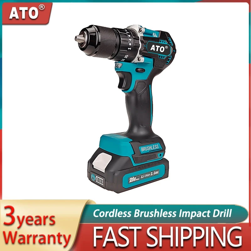 

ATO Cordless Brushless Impact Drill 21V Electric Hammer Drill Hand Drill Electric Screwdriver Power Tool For Makita 18v Battery