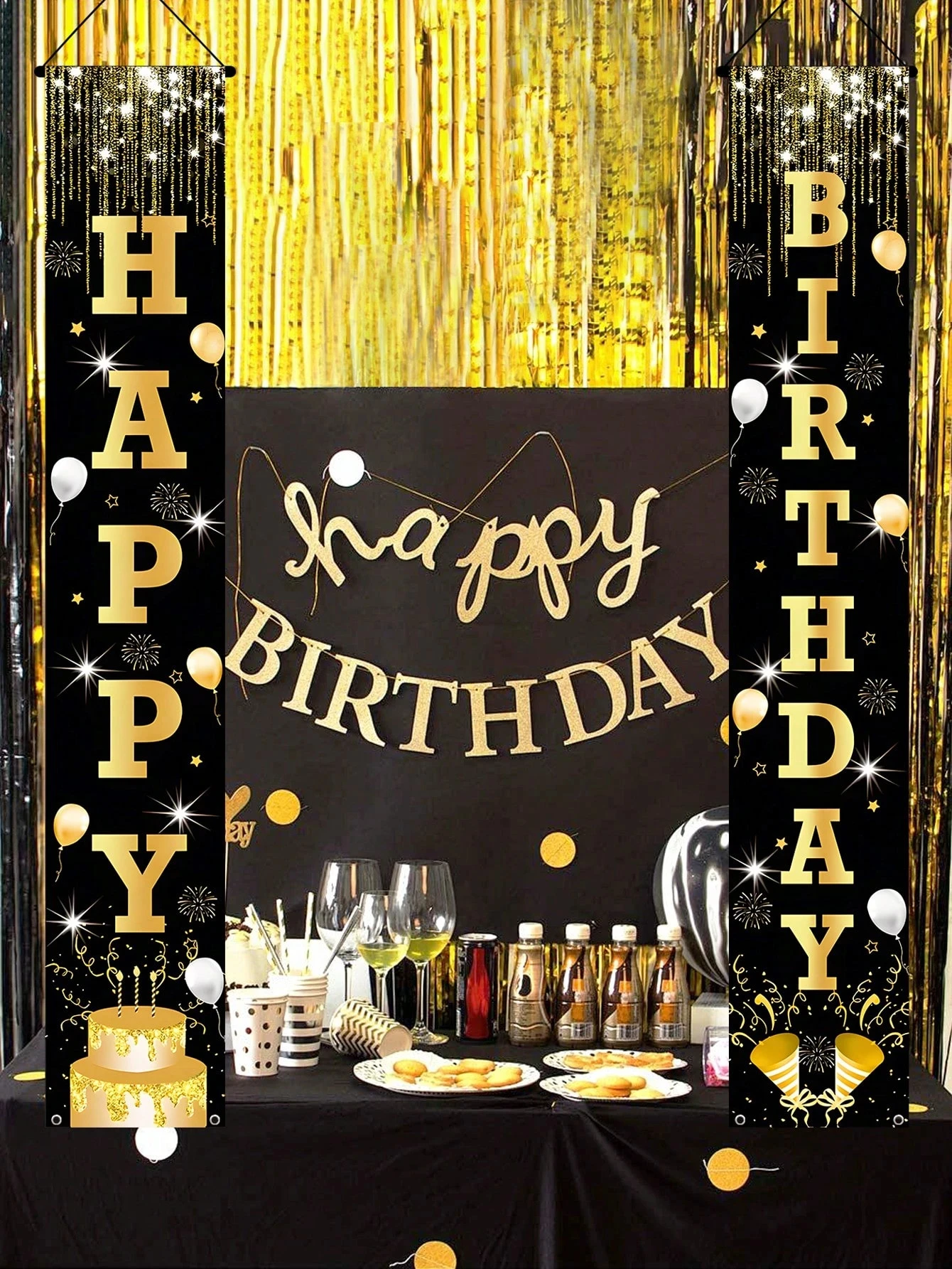 Cortina de puerta de feliz cumpleaños de oro negro para hombre y mujer, telón de fondo con globos de aniversario de 18, 50 y 70 años, decoración para fiesta de cumpleaños
