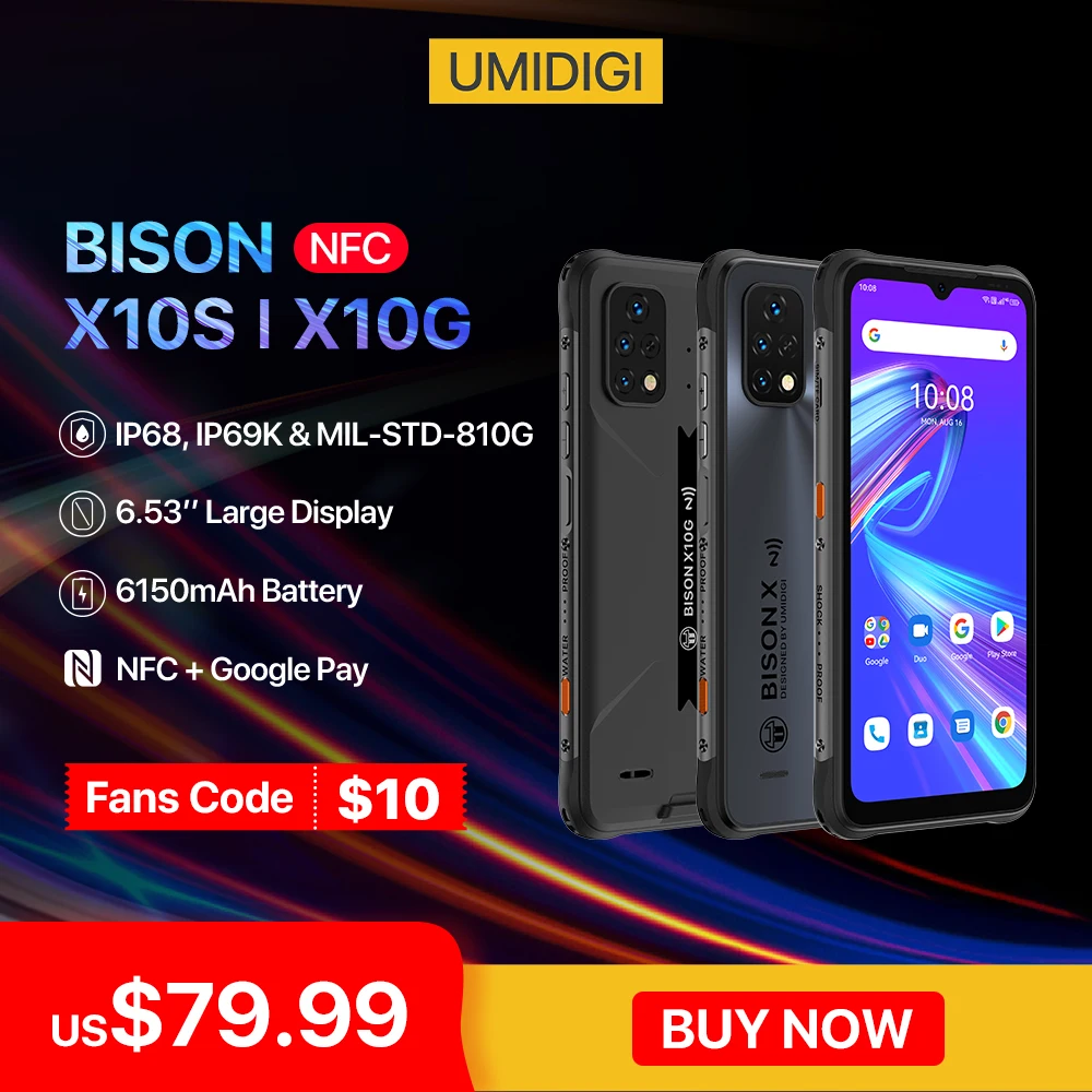 

Смартфон UMIDIGI BISON X10S, водонепроницаемый смартфон повышенной прочности, экран 6,53 дюйма HD +, 4 Гб 64 ГБ, аккумулятор 6150 мАч