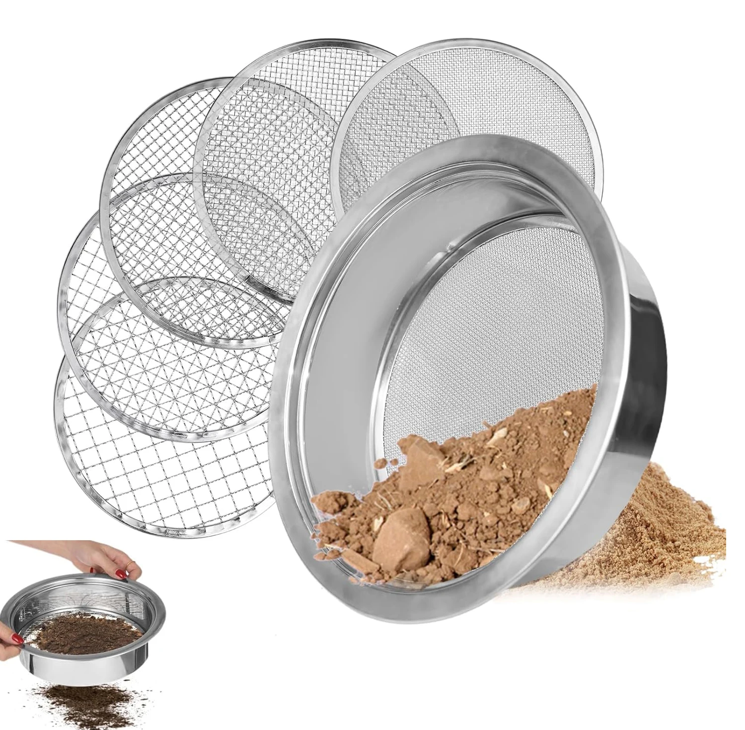 Soil Sieve Set Garden Soil Sifter Stainless Steel Mesh Sifter,Compost Sifter with 1,3,6,9,12mm Sieve Mesh and Bonsai Soil Scoop