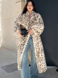 ZADORIN Wysokiej jakości elegancki luźny długi płaszcz ze sztucznego futra Zimowe kobiety Leopard Print Lapel Faux Mink Fur Jacket Grube ciepłe futra