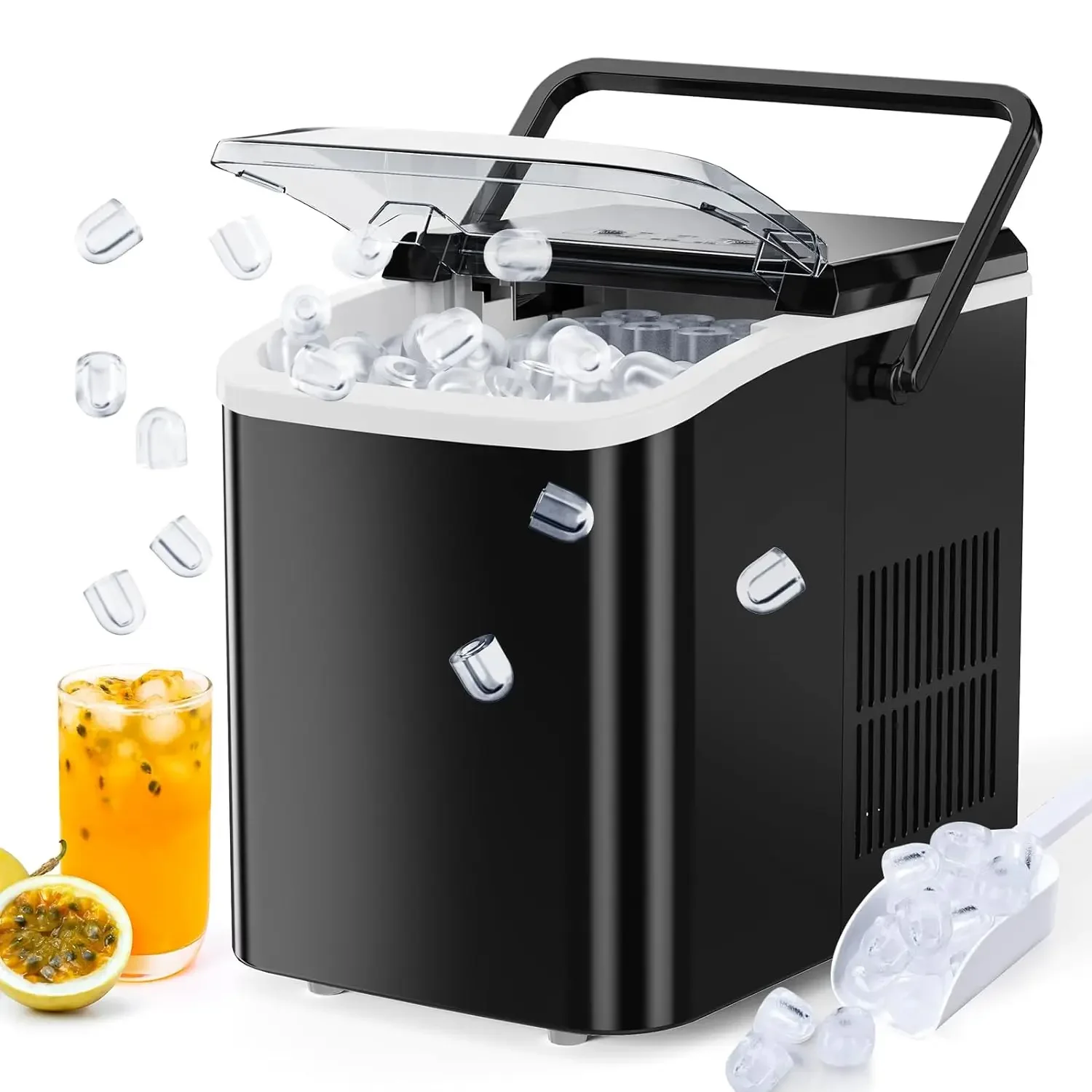 Self-Cleaning Countertop Ice Maker com colher de gelo conveniente, cesta removível e alça resistente, faz 9 cubos de gelo em apenas 6 m