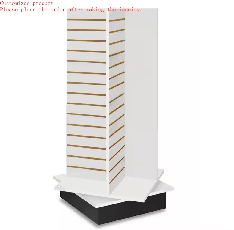 

Custom.HIKUYA Customized MDF Rotated Slatwall Display Stand With Metal 4 Side Display Jewelry Display Stand for Shopping Store