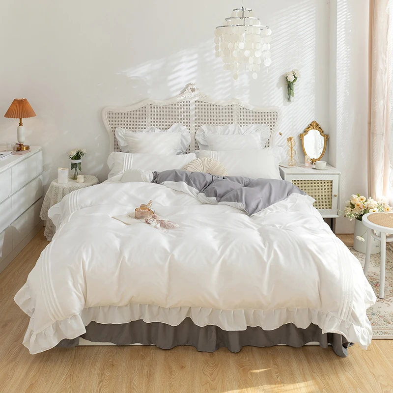 

For Lace Ruffles Bedding Set White and Gray Color Bedclothes for Boys/Girls Full Size Quilt Cover Sets Queen/King Bed Linen Sets