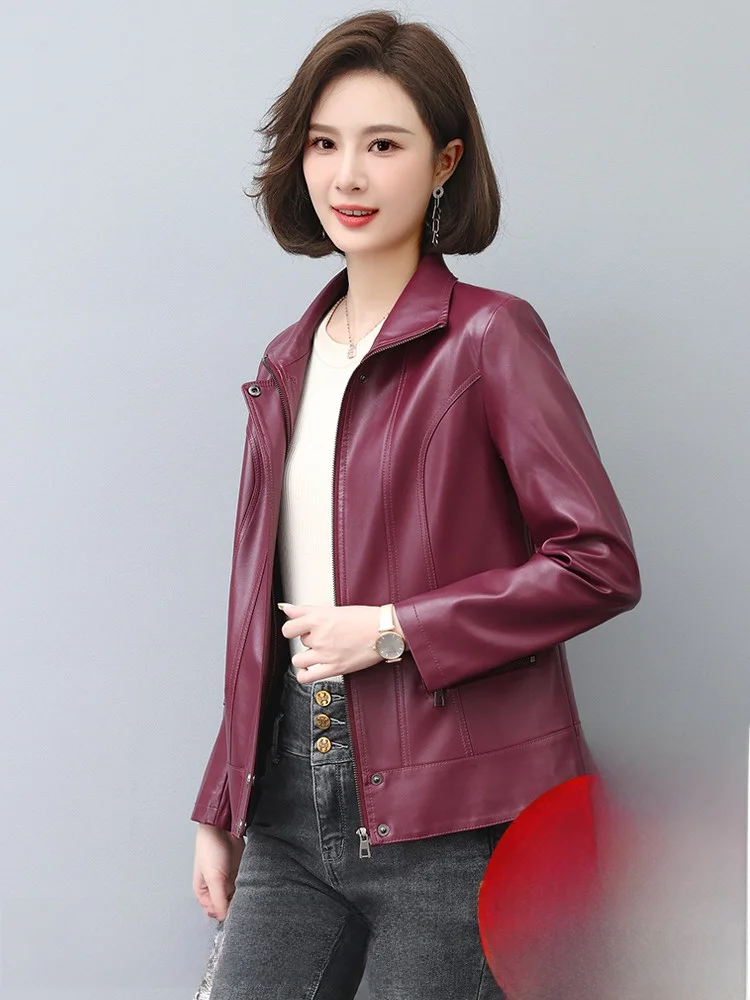

Ning Genuine Leather Jaet Women's ort Sle eepskin Coat Spring Autumn New Arrival Middle-aged Mom's Faion